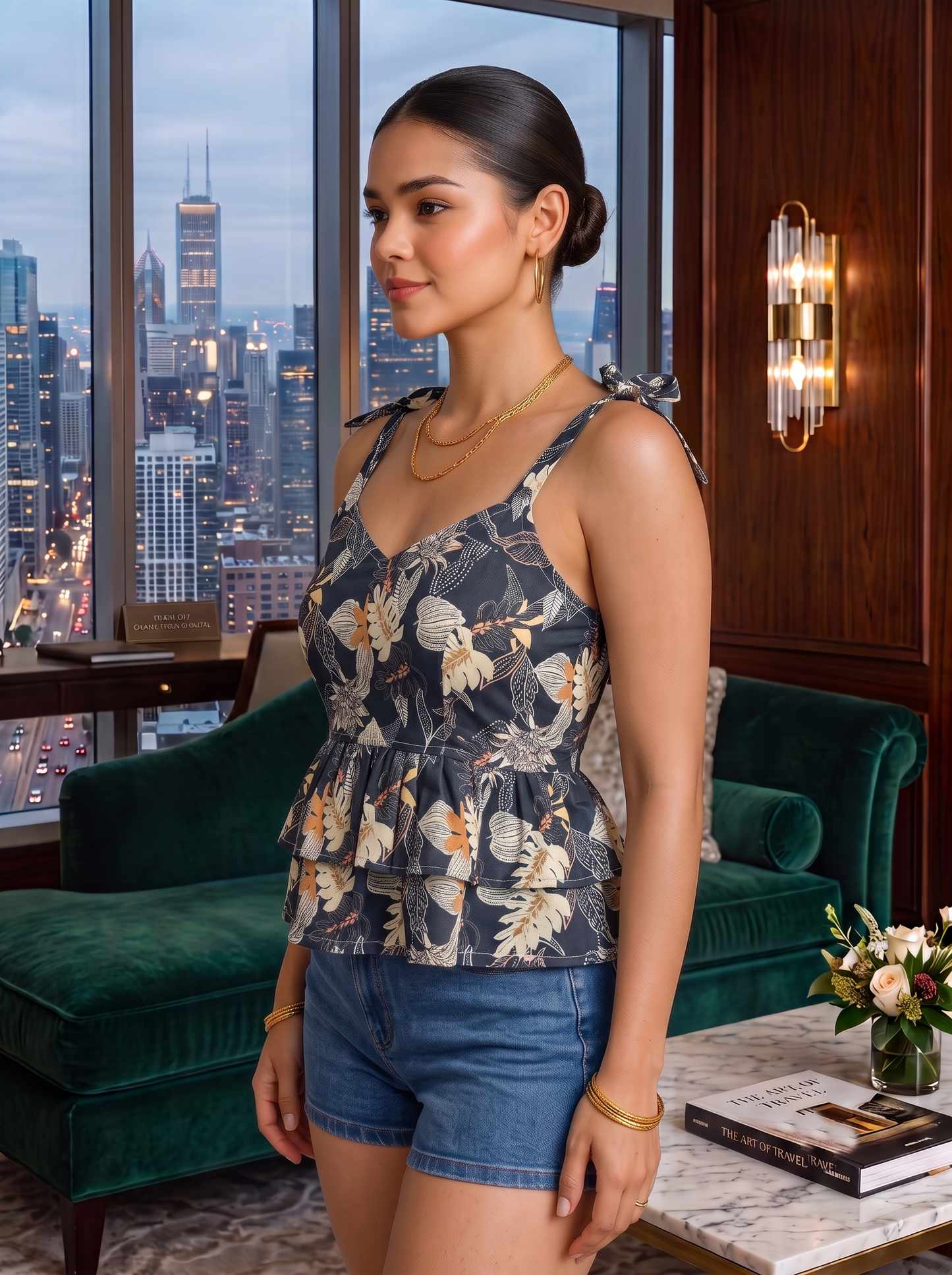 NiloBerry Women's Rayon Floral Printed Tie-Strap Peplum Top