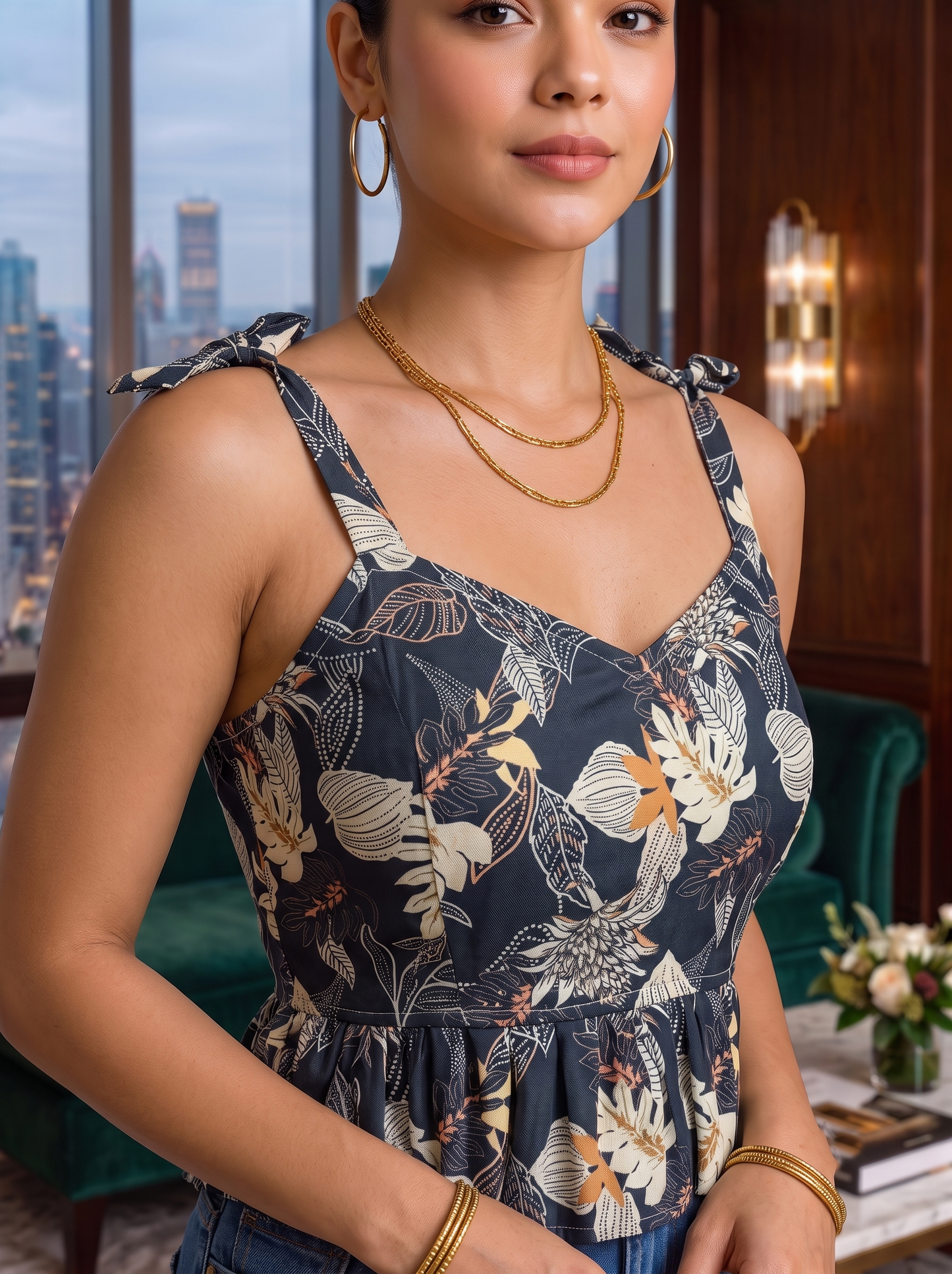 NiloBerry Women's Rayon Floral Printed Tie-Strap Peplum Top
