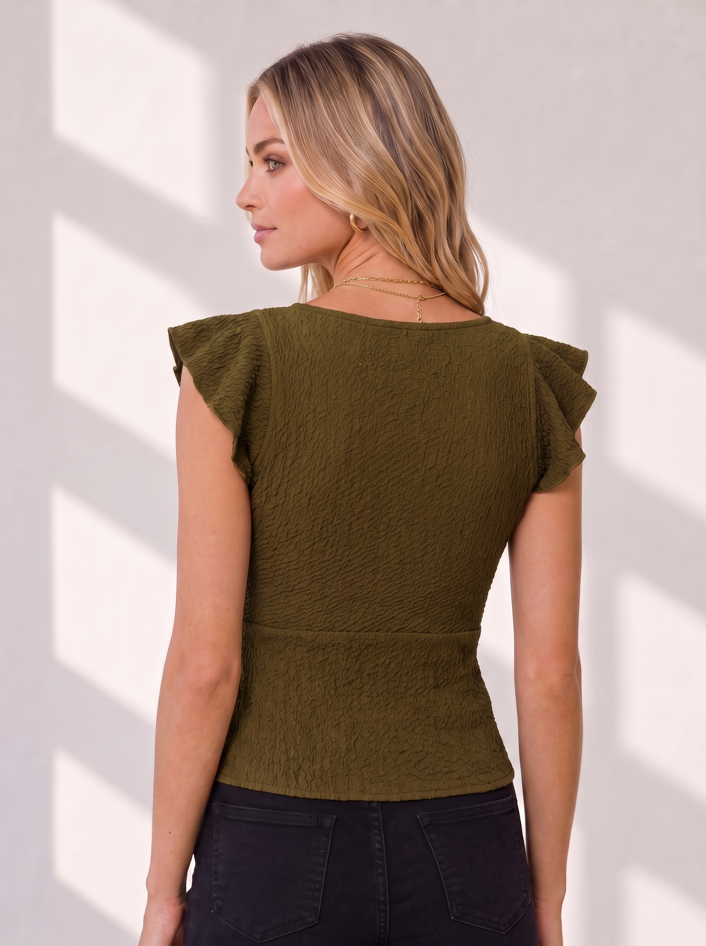 NiloBerry Women's Textured Ruched Ruffle Sleeve V-Neck Top