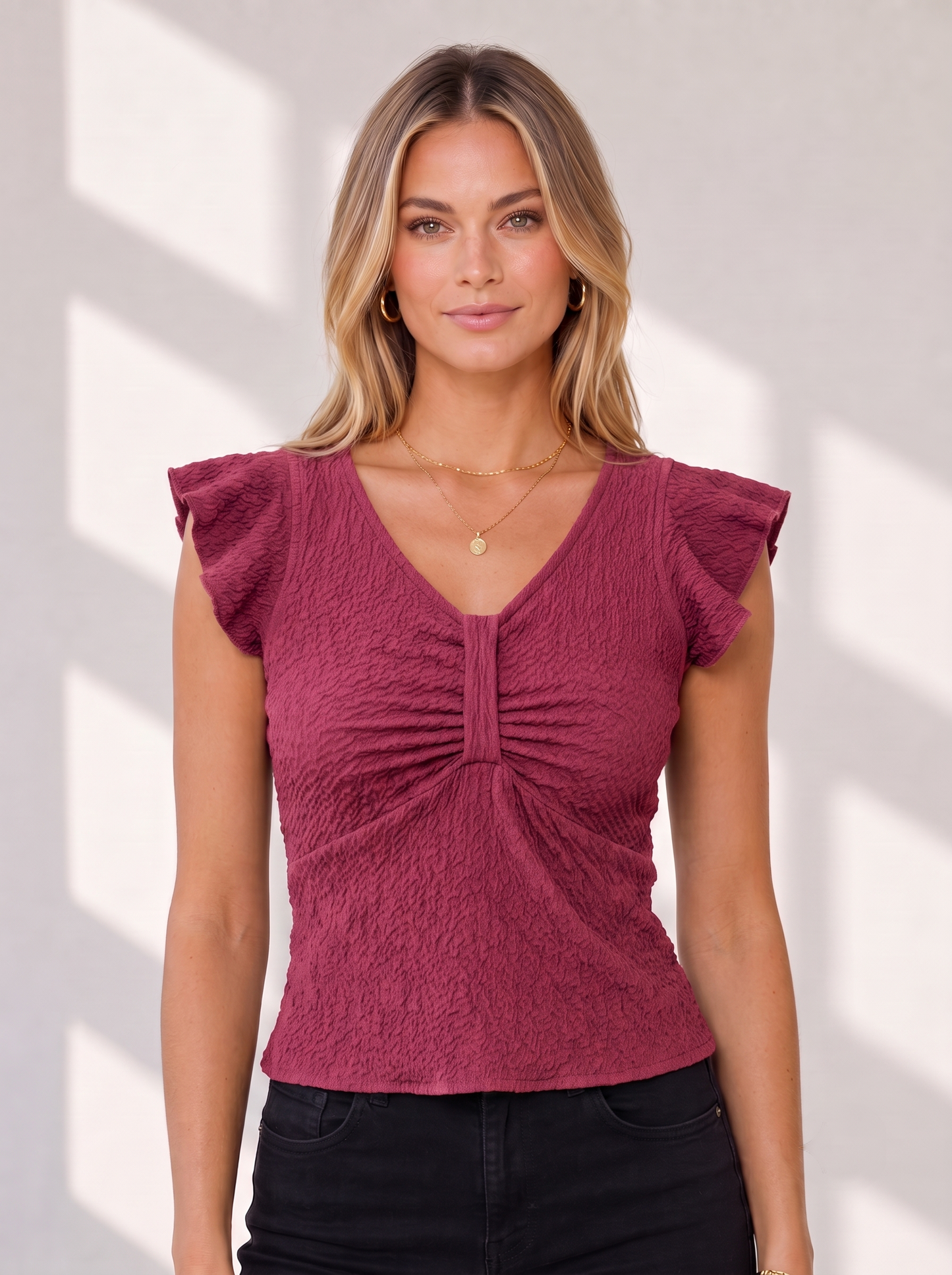 NiloBerry Women's Textured Ruched Ruffle Sleeve V-Neck Top