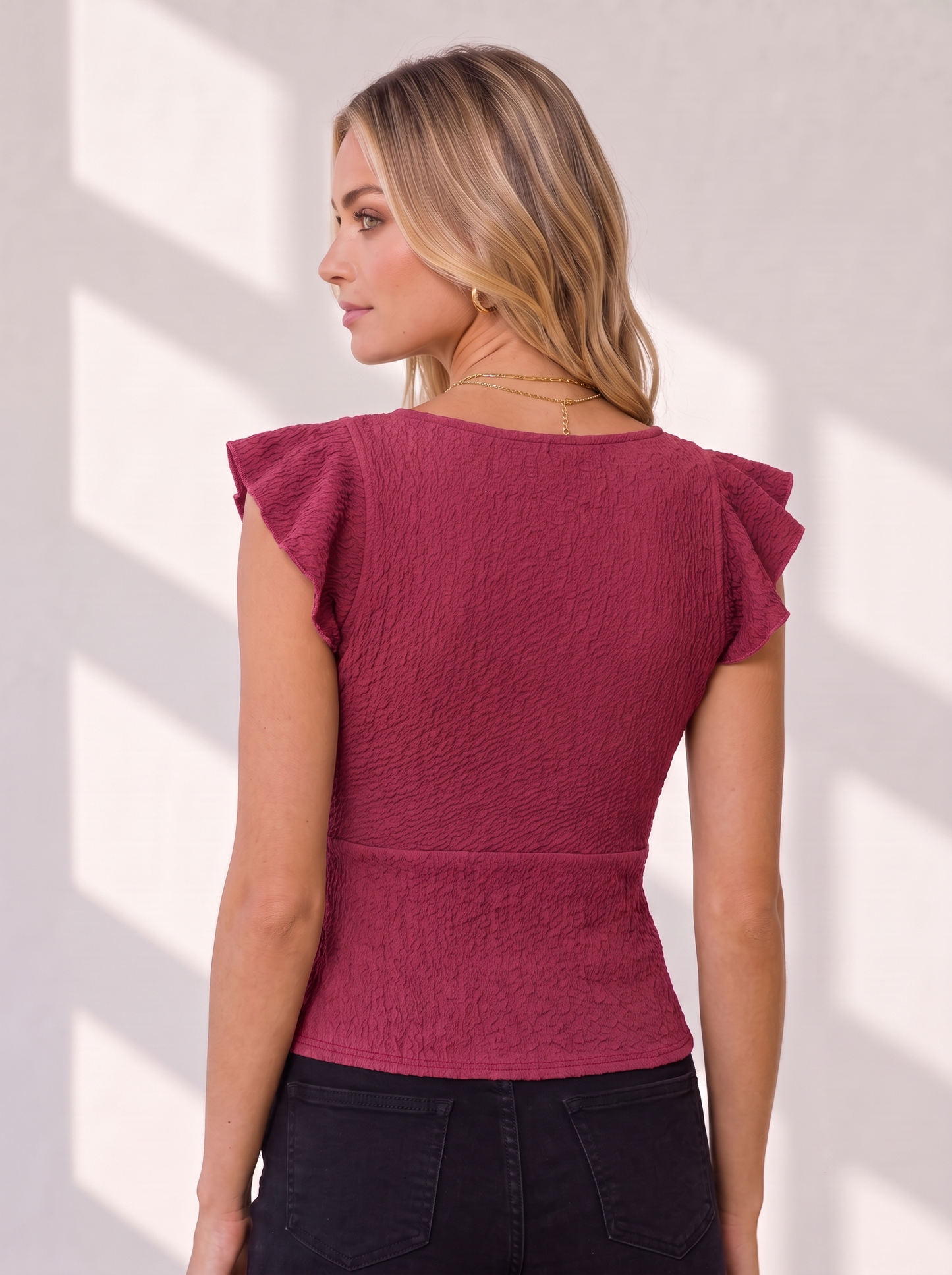 NiloBerry Women's Textured Ruched Ruffle Sleeve V-Neck Top