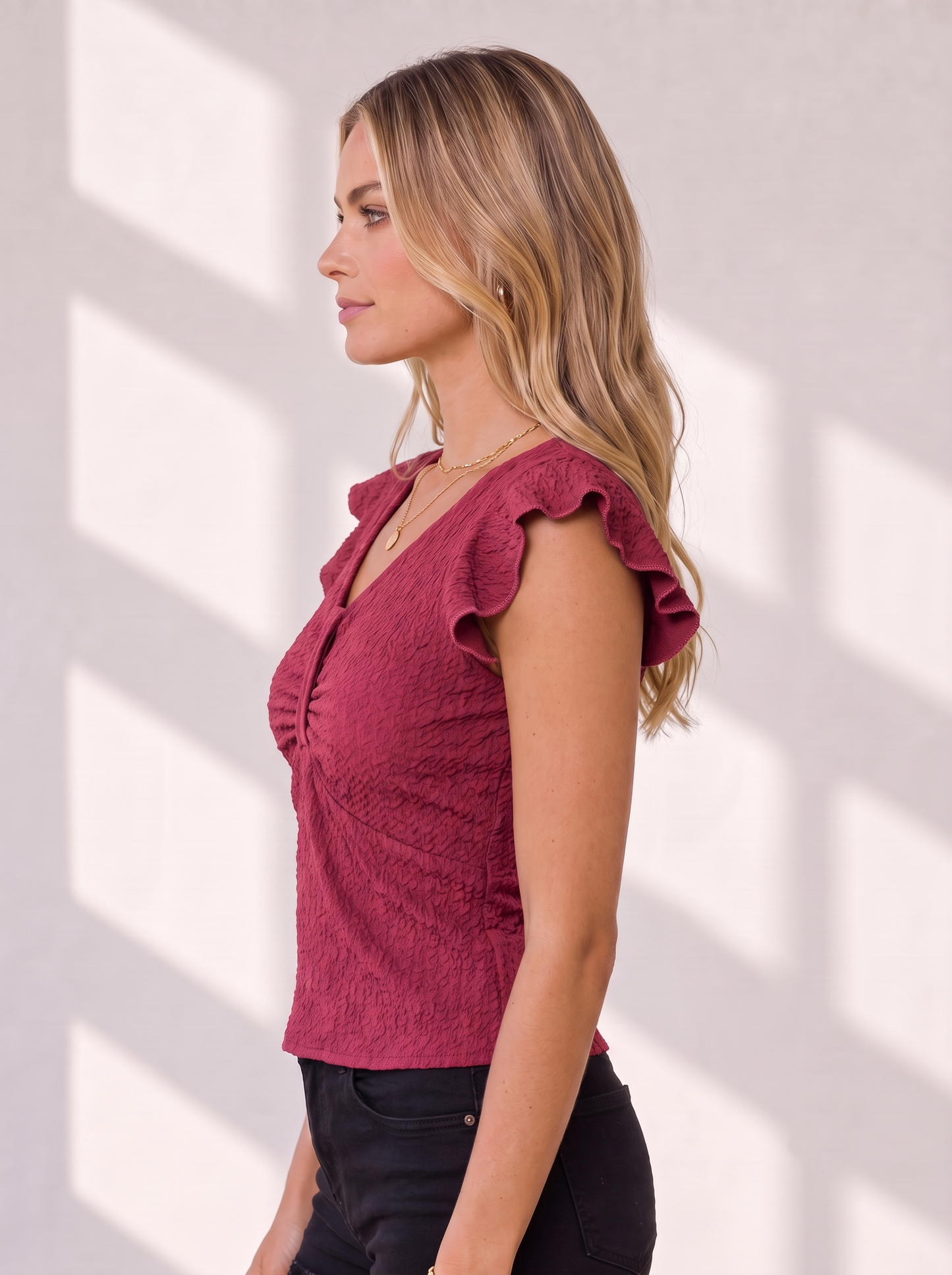 NiloBerry Women's Textured Ruched Ruffle Sleeve V-Neck Top