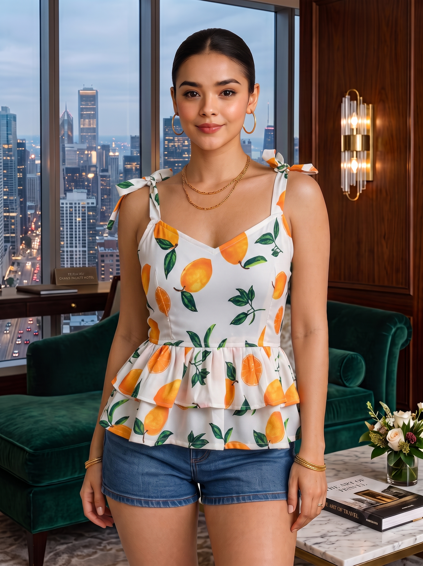 NiloBerry Women's Rayon Floral Printed Tie-Strap Peplum Top