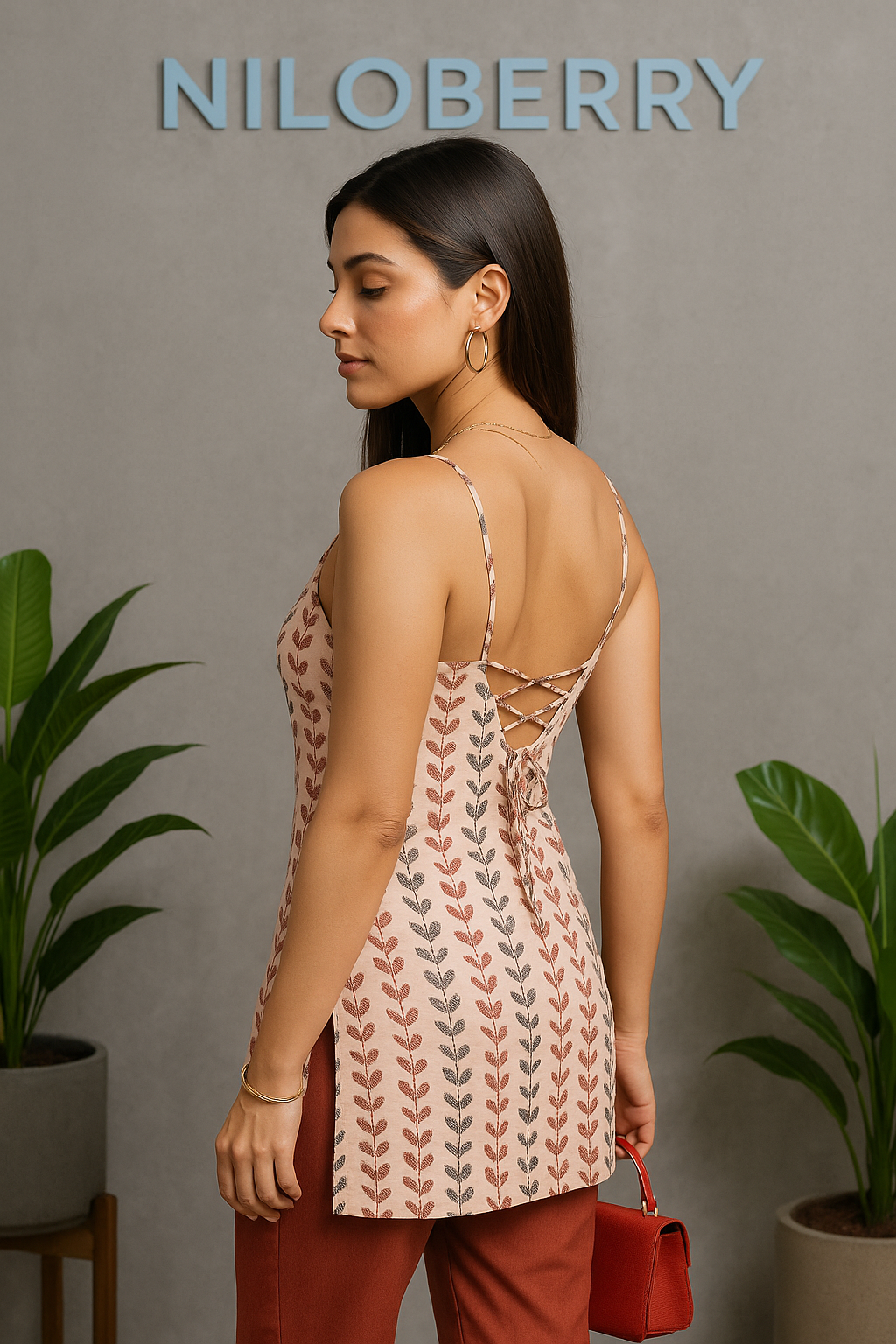 Floral Short Backless Kurti – Strappy Tie-Back Design, Sleeveless Fusion Tunic for Women and Girls