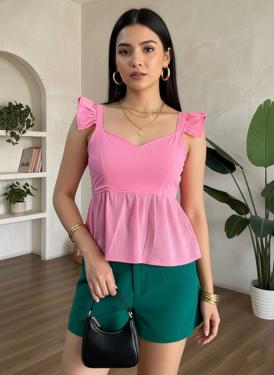 Trendy Peplum Top for Women | Stylish Sleeveless Ruffle Strap Western Top