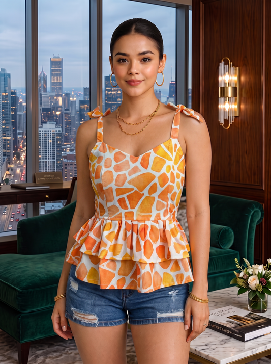 NiloBerry Women’s Printed Tie-Up Strap Peplum Rayon Top