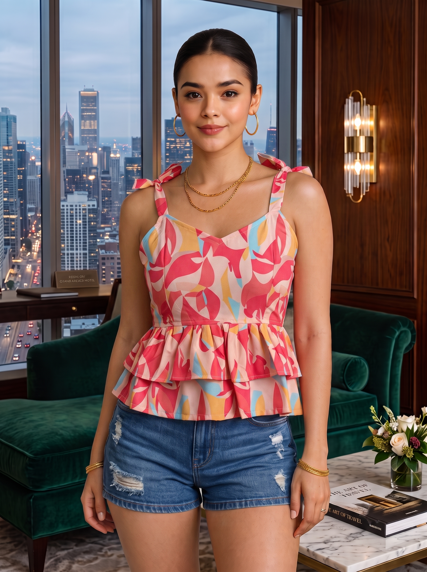 NiloBerry Women's Rayon Floral Printed Tie-Strap Peplum Top