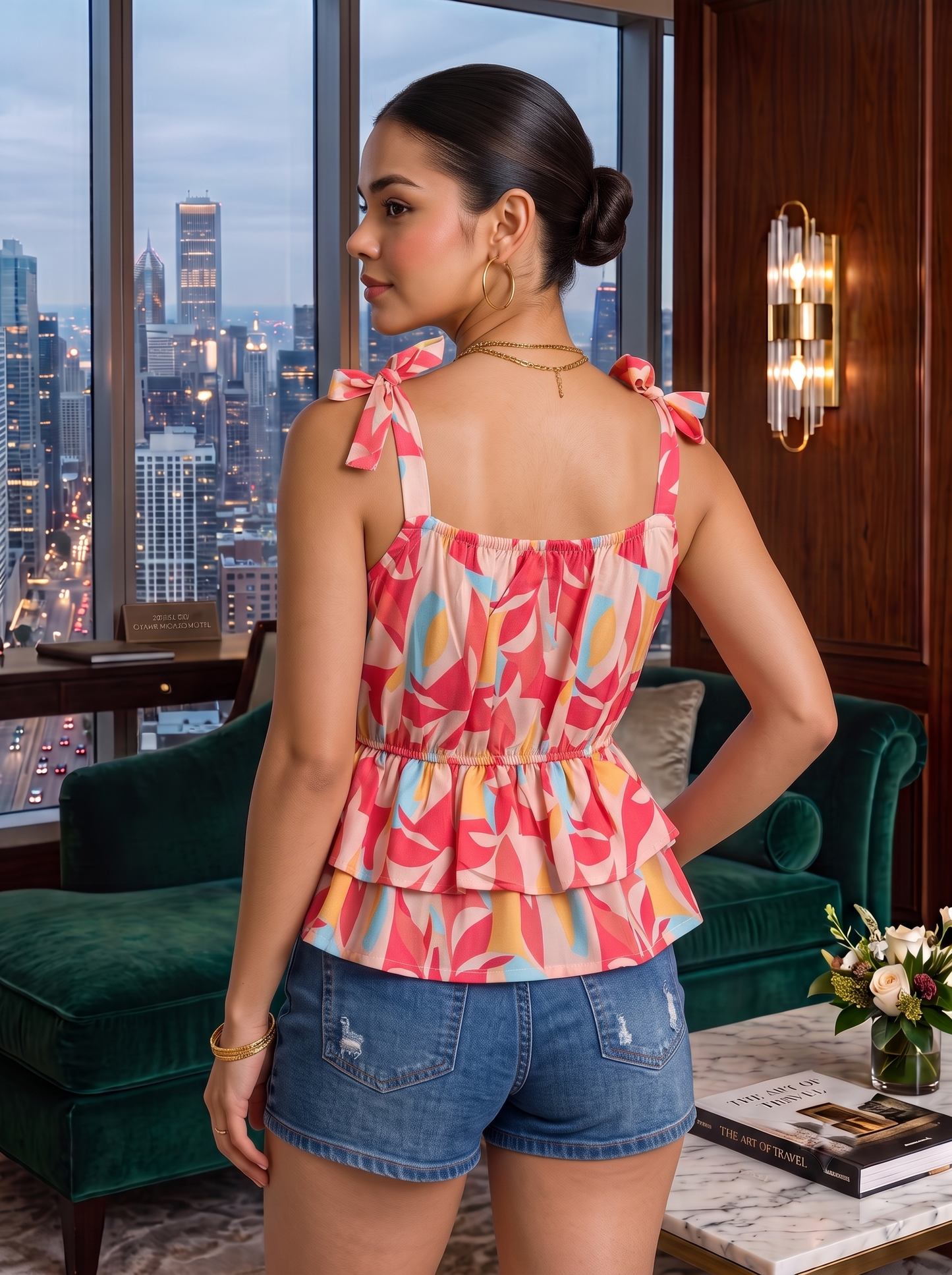 NiloBerry Women's Rayon Floral Printed Tie-Strap Peplum Top