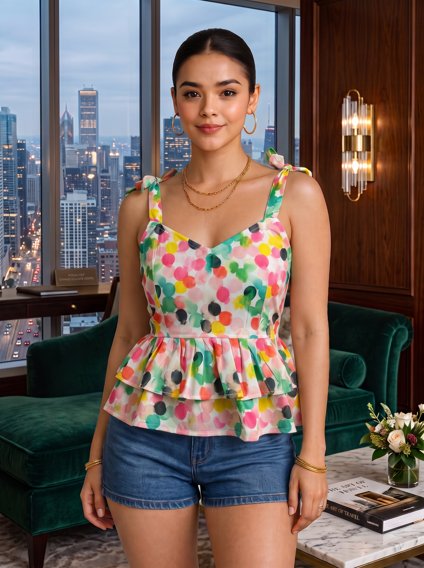 NiloBerry Women’s Printed Tie-Shoulder Layered Peplum Top – Rayon