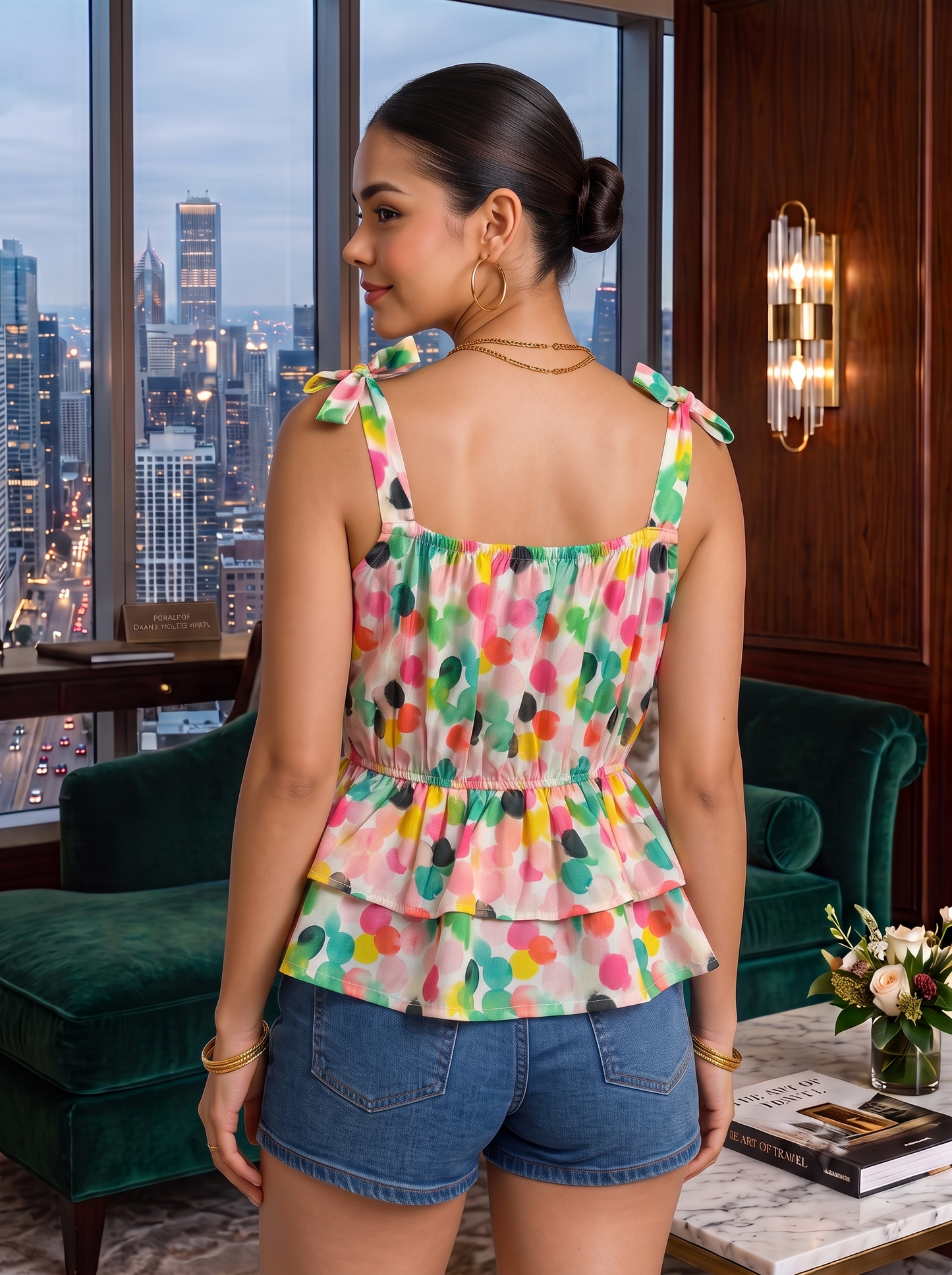 NiloBerry Women’s Printed Tie-Shoulder Layered Peplum Top – Rayon