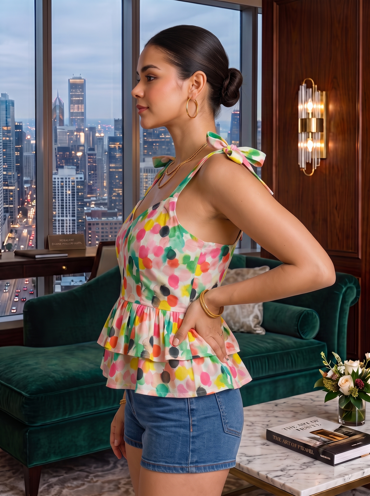 NiloBerry Women’s Printed Tie-Shoulder Layered Peplum Top – Rayon
