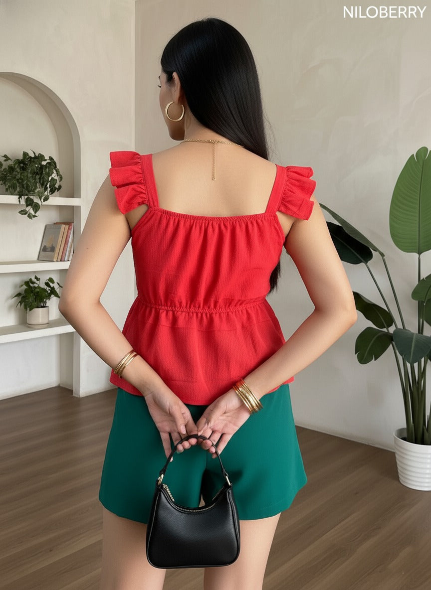 Trendy Peplum Top for Women | Stylish Sleeveless Ruffle Strap Western Top