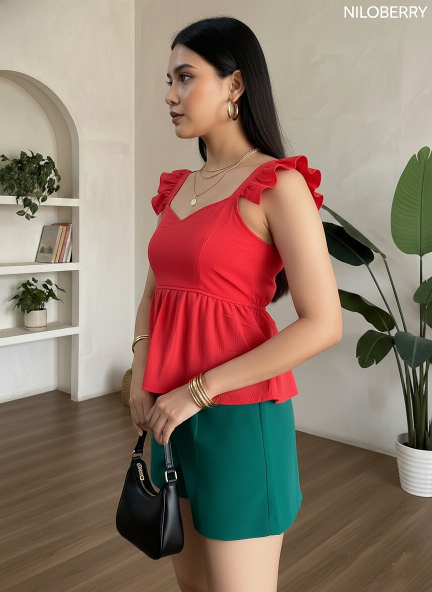 Trendy Peplum Top for Women | Stylish Sleeveless Ruffle Strap Western Top