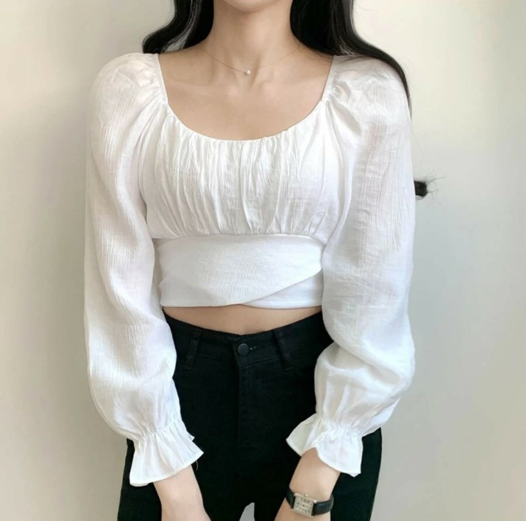 NiloBerry textured fabric, round neck, bishop sleeve Crop top