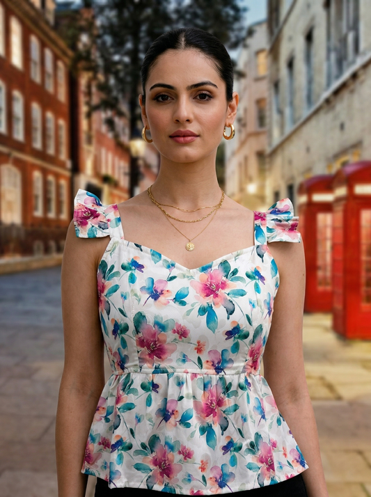 Women Floral Printed Sweetheart Neck Peplum Top