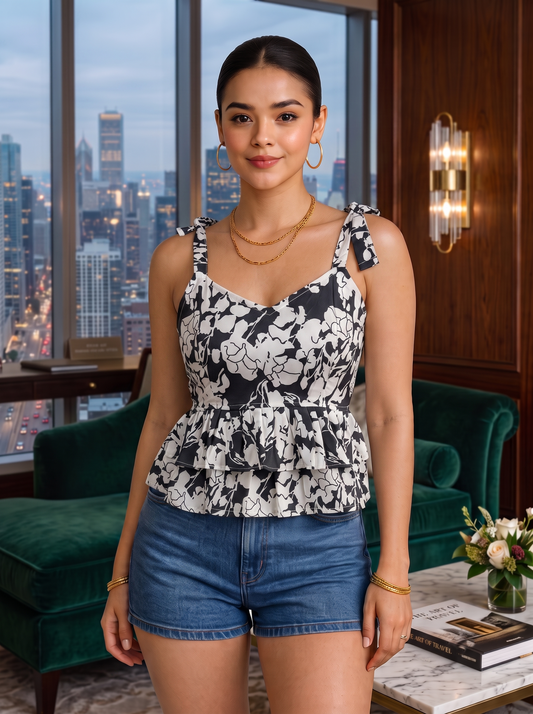 NiloBerry Women’s Printed Tie-Shoulder Layered Peplum Top – Rayon