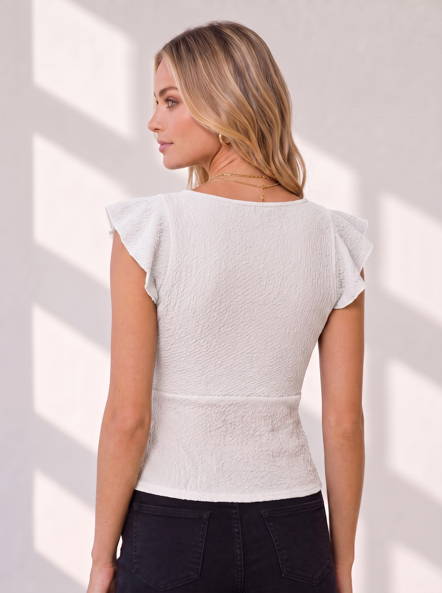 NiloBerry Women's Textured Ruched Ruffle Sleeve V-Neck Top