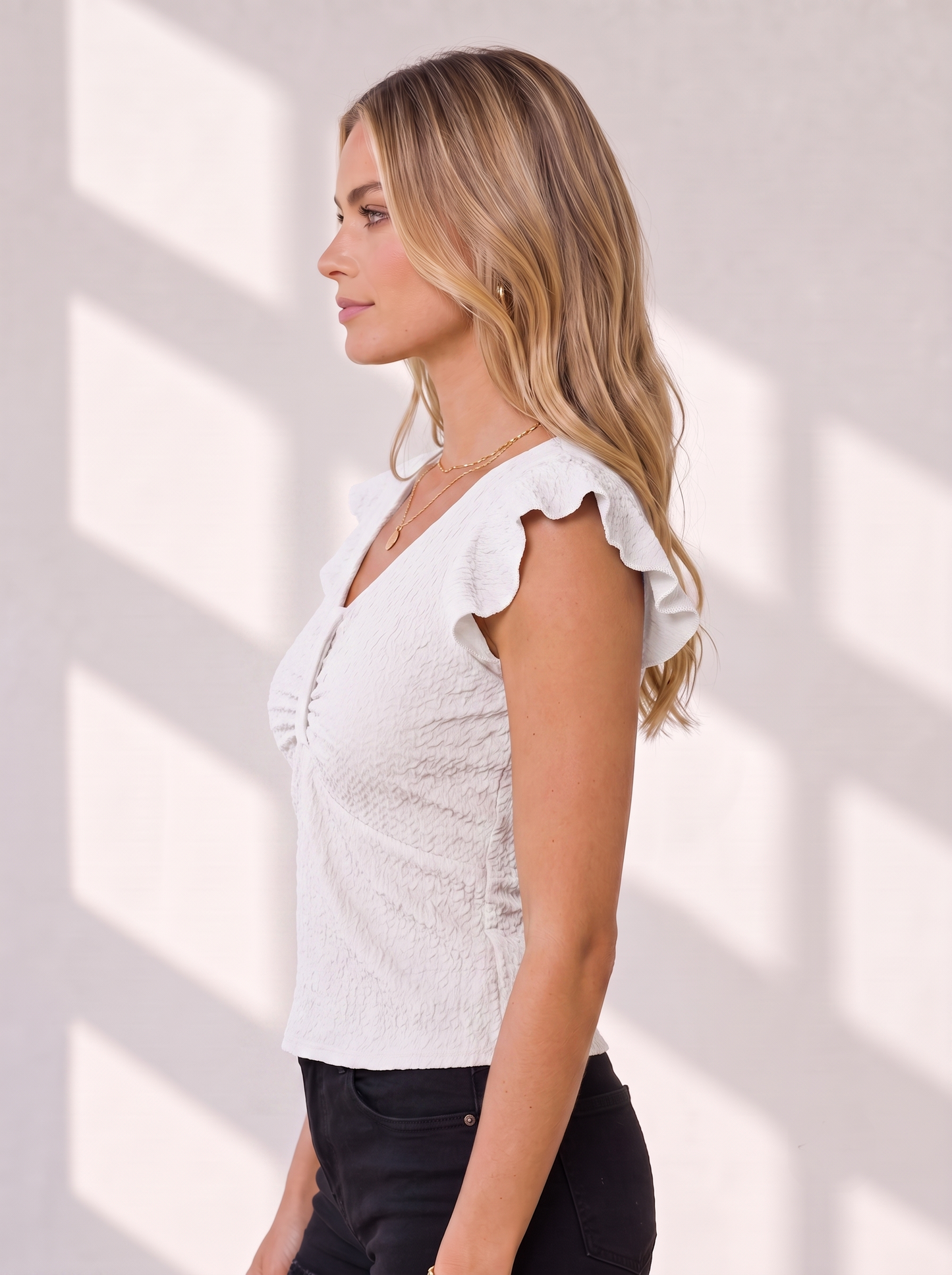 NiloBerry Women's Textured Ruched Ruffle Sleeve V-Neck Top