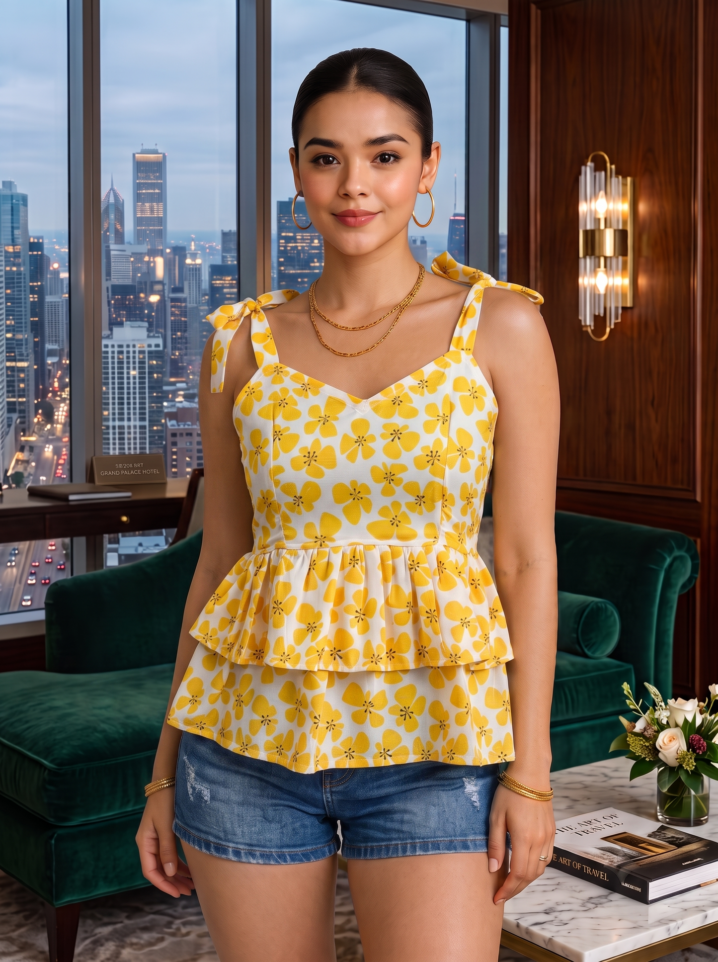 NiloBerry Women’s Printed Tie-Shoulder Layered Peplum Top – Rayon