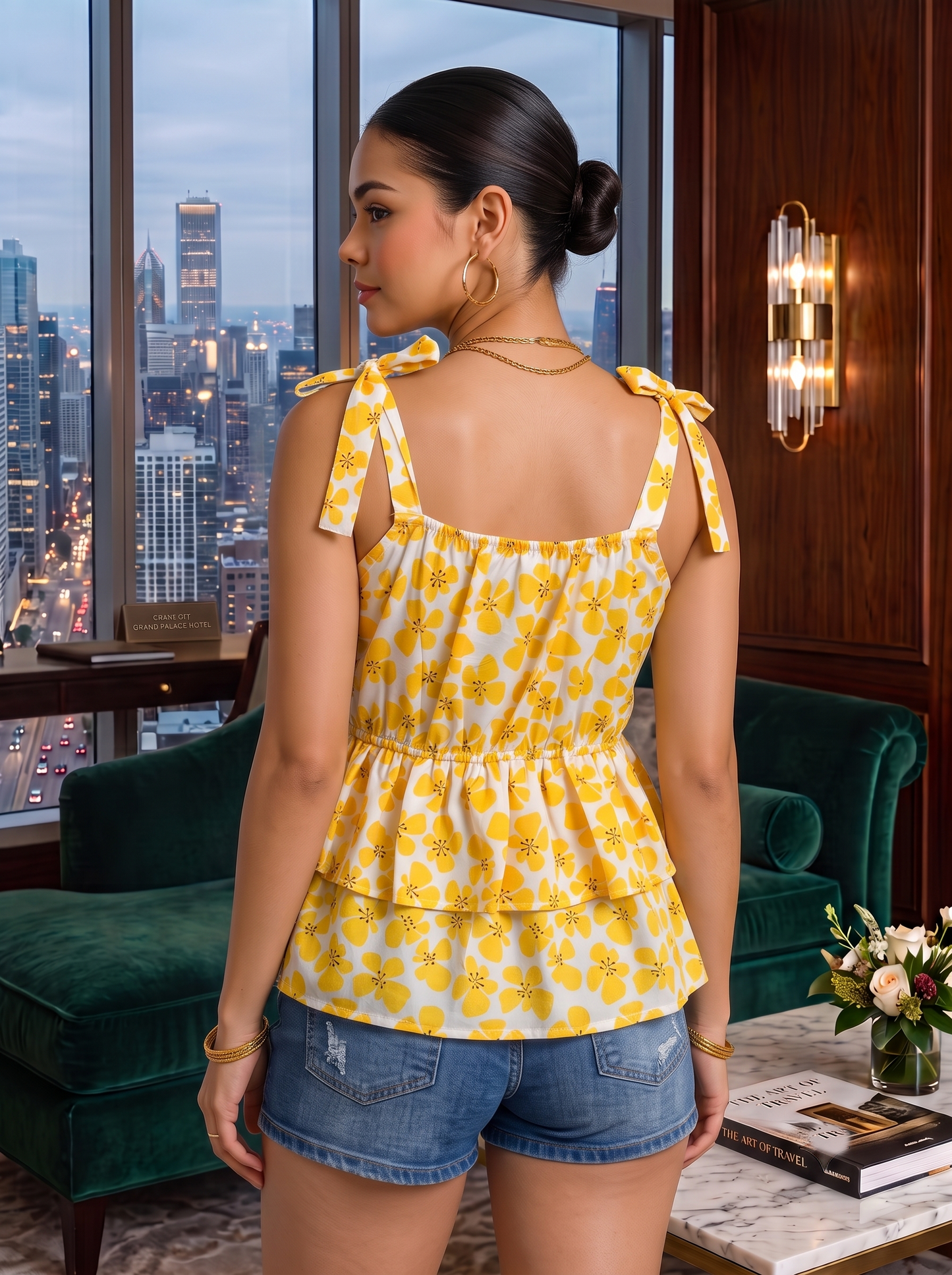 NiloBerry Women’s Printed Tie-Shoulder Layered Peplum Top – Rayon