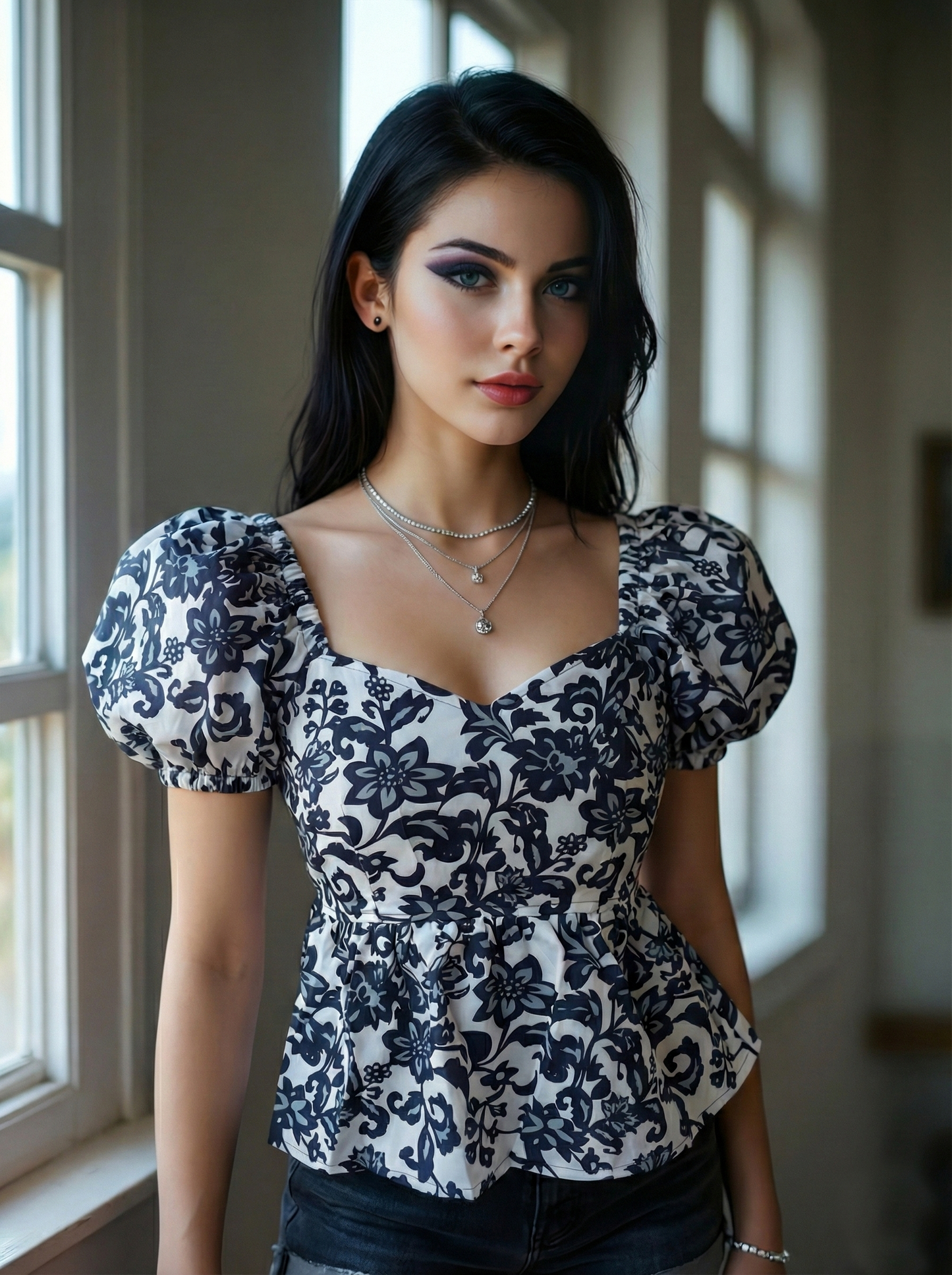 women’s floral printed puff-sleeve crop top