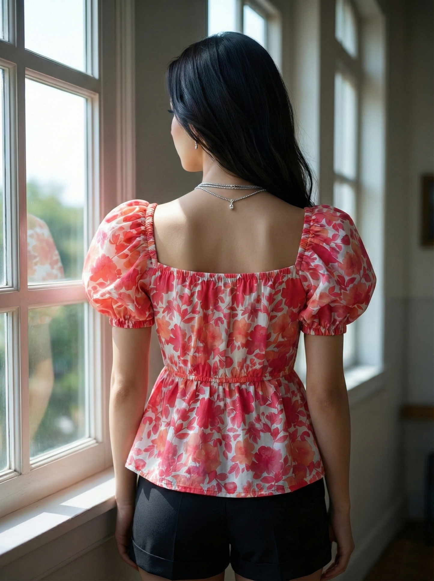 women’s floral printed puff-sleeve crop top