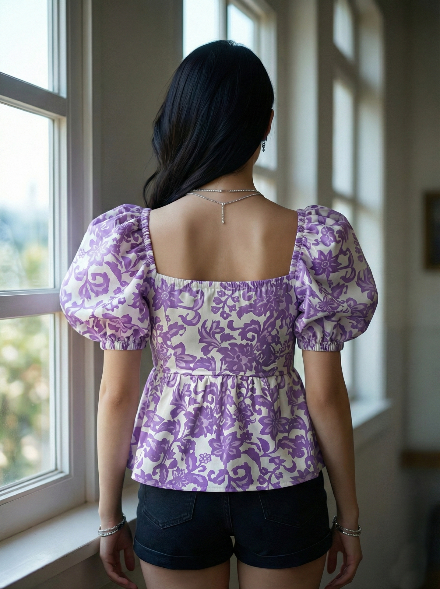 women’s floral printed puff-sleeve crop top