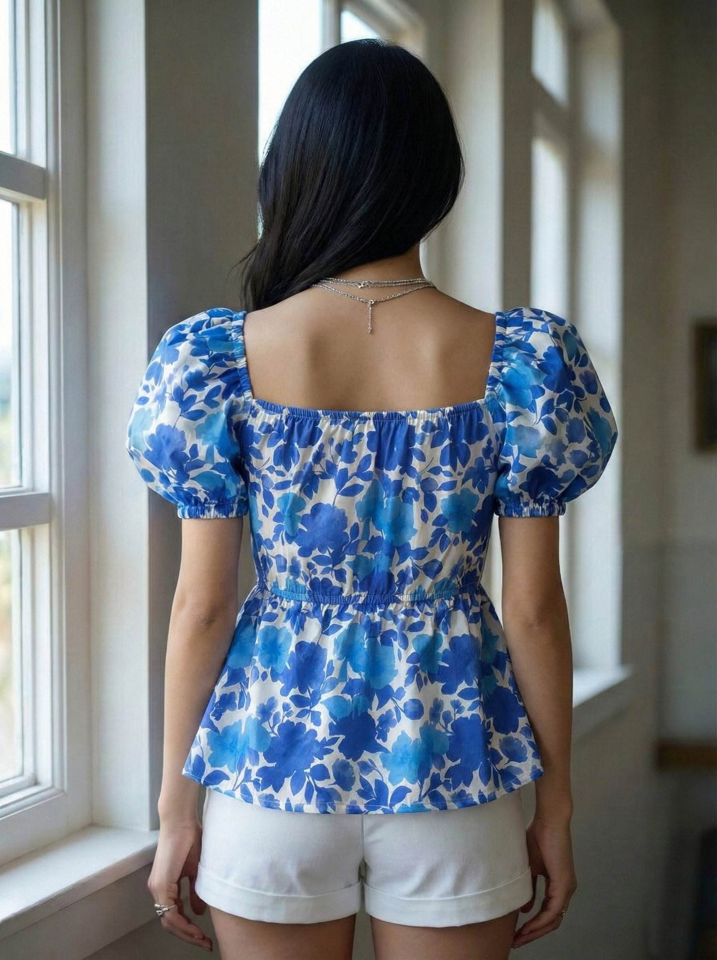 women’s floral printed puff-sleeve crop top