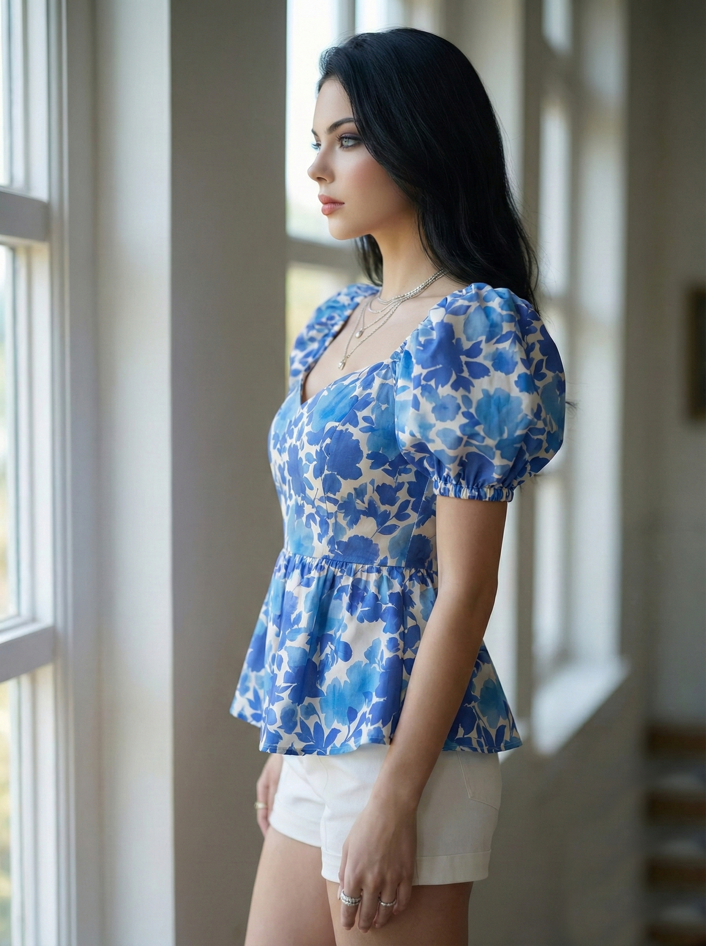 women’s floral printed puff-sleeve crop top