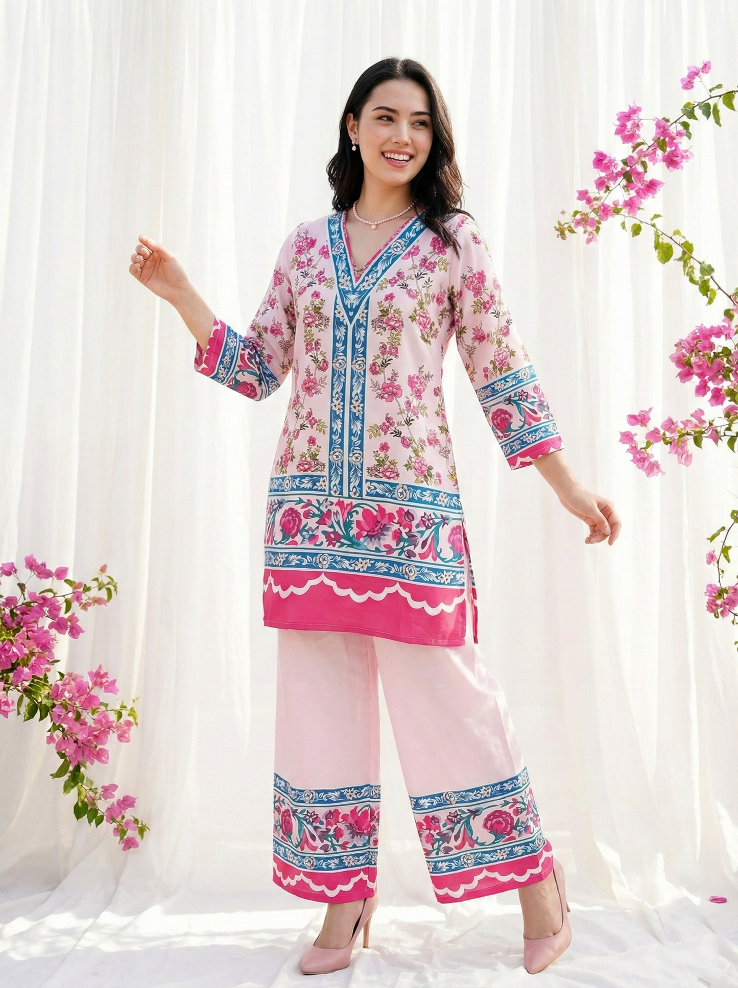 Women’s Pink Floral Printed Kurti Palazzo Co-ord Set