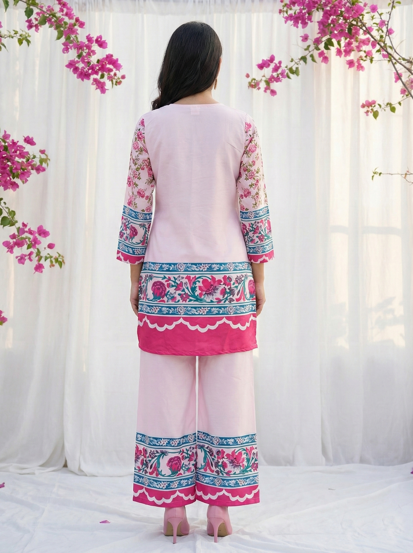 Women’s Pink Floral Printed Kurti Palazzo Co-ord Set