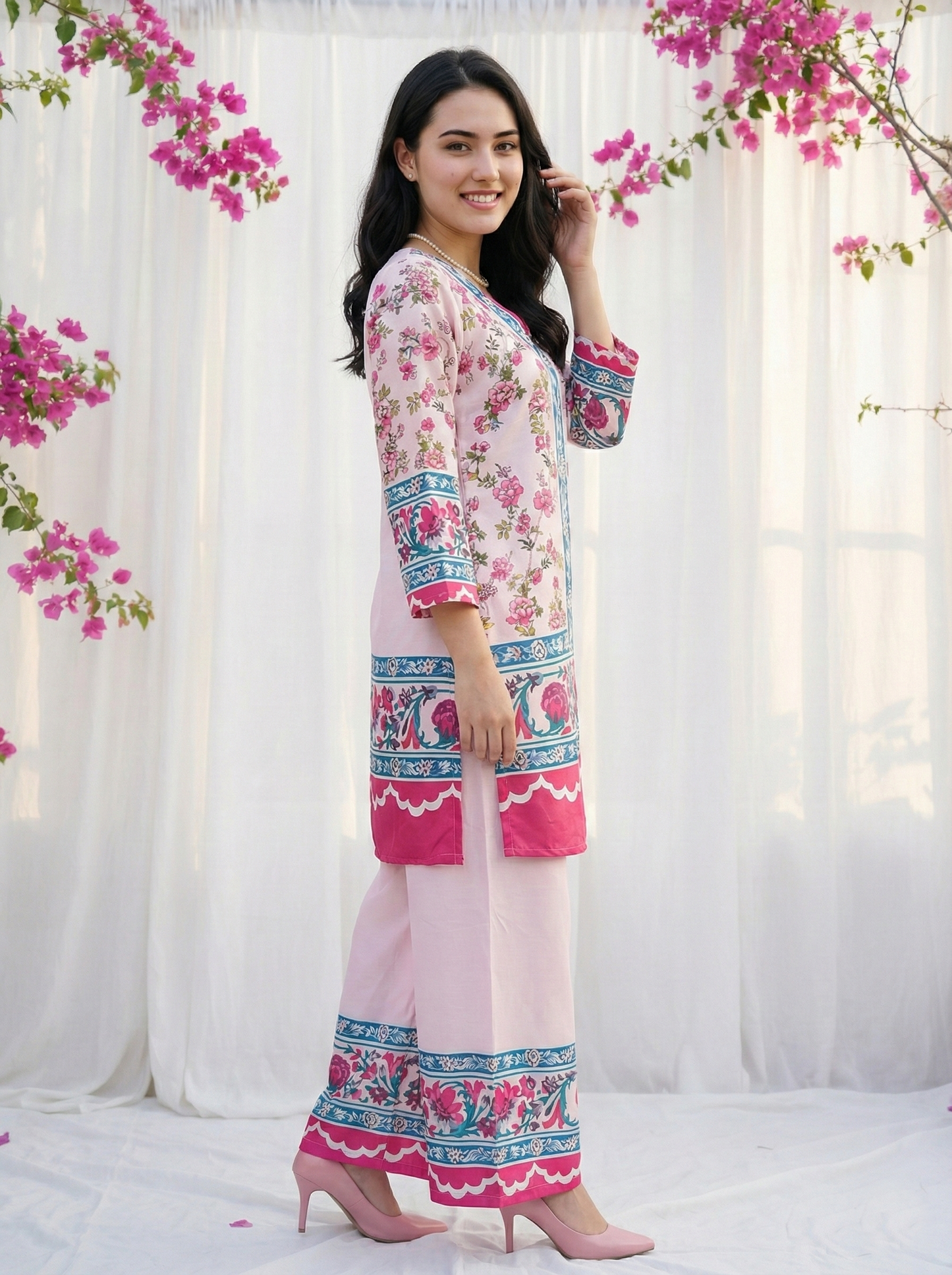 Women’s Pink Floral Printed Kurti Palazzo Co-ord Set
