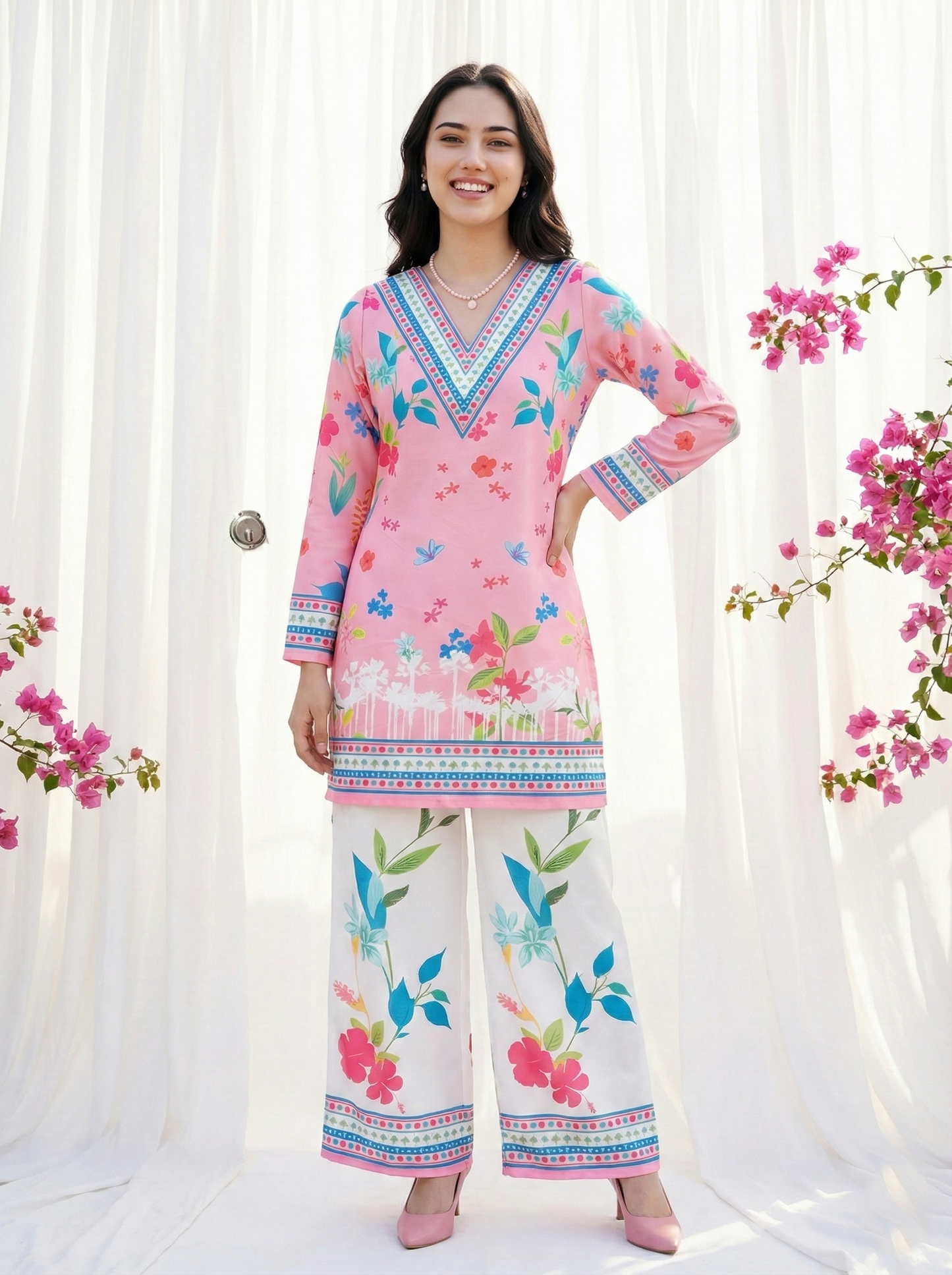 Women’s Pink Floral Printed Kurti Palazzo Co-ord Set