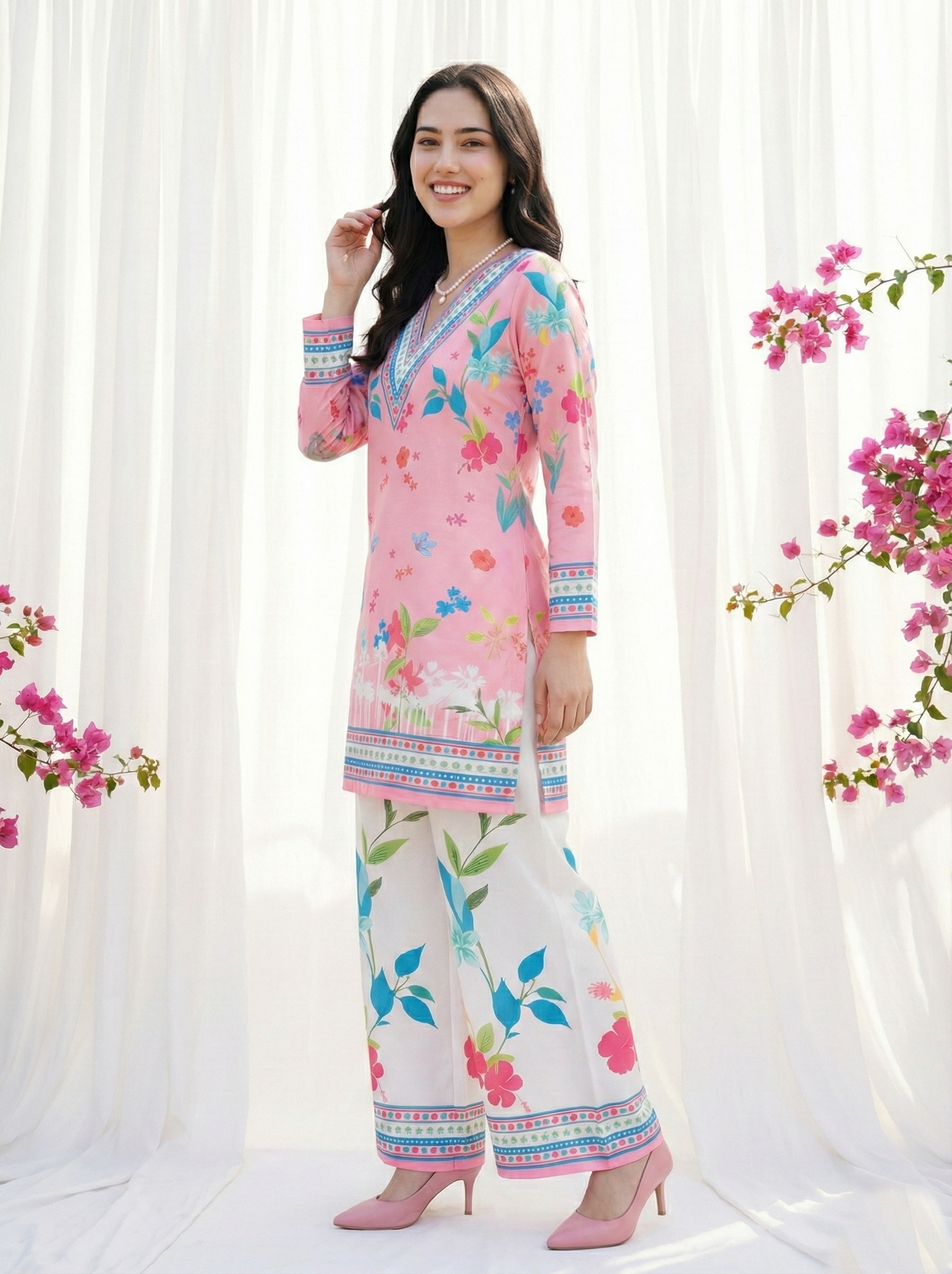 Women’s Pink Floral Printed Kurti Palazzo Co-ord Set